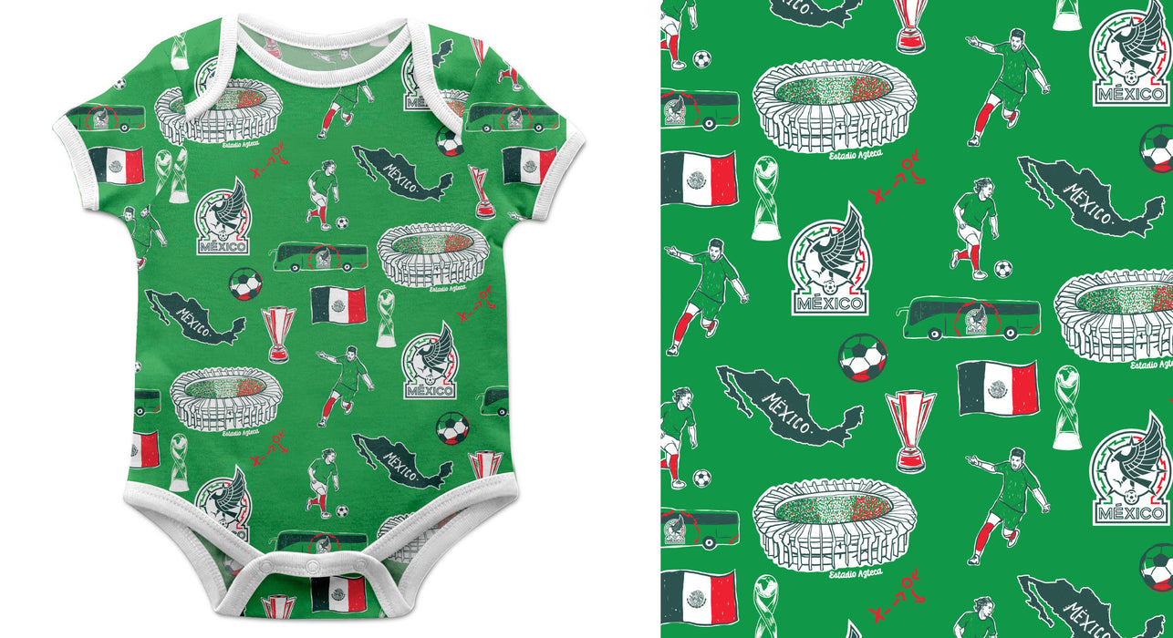 Mexico National Soccer Team Green Short Sleeve Bodysuit Repeat Print Hand Sketched Impressions Artwork