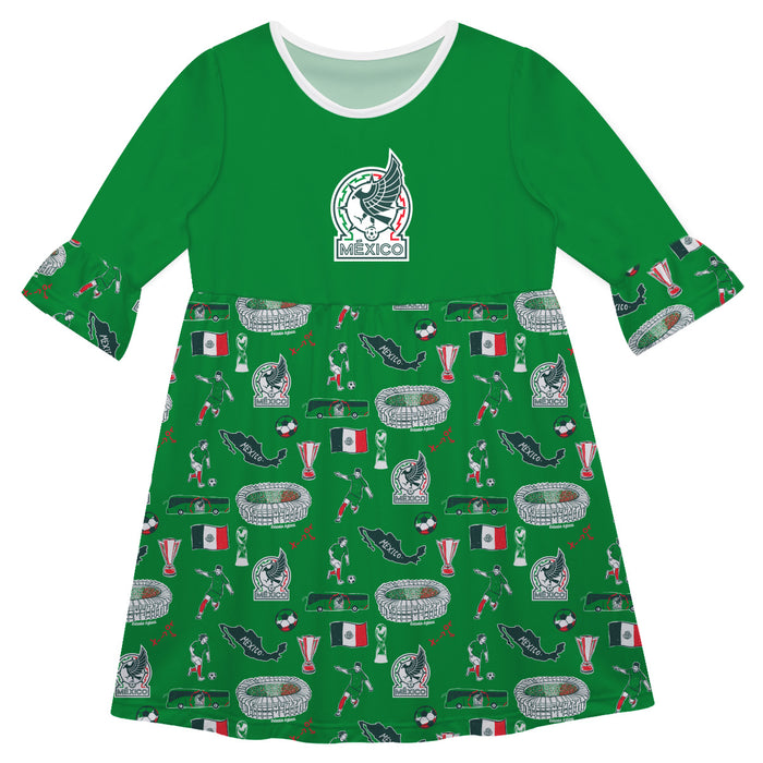 Mexico National Soccer Team 3/4 Sleeve Solid Green Repeat Print Hand Sketched Vive La Fete Impressions Artwork on Skirt