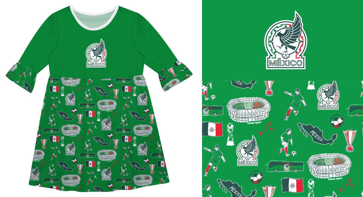 Mexico National Soccer Team 3/4 Sleeve Solid Green Repeat Print Hand Sketched Vive La Fete Impressions Artwork on Skirt