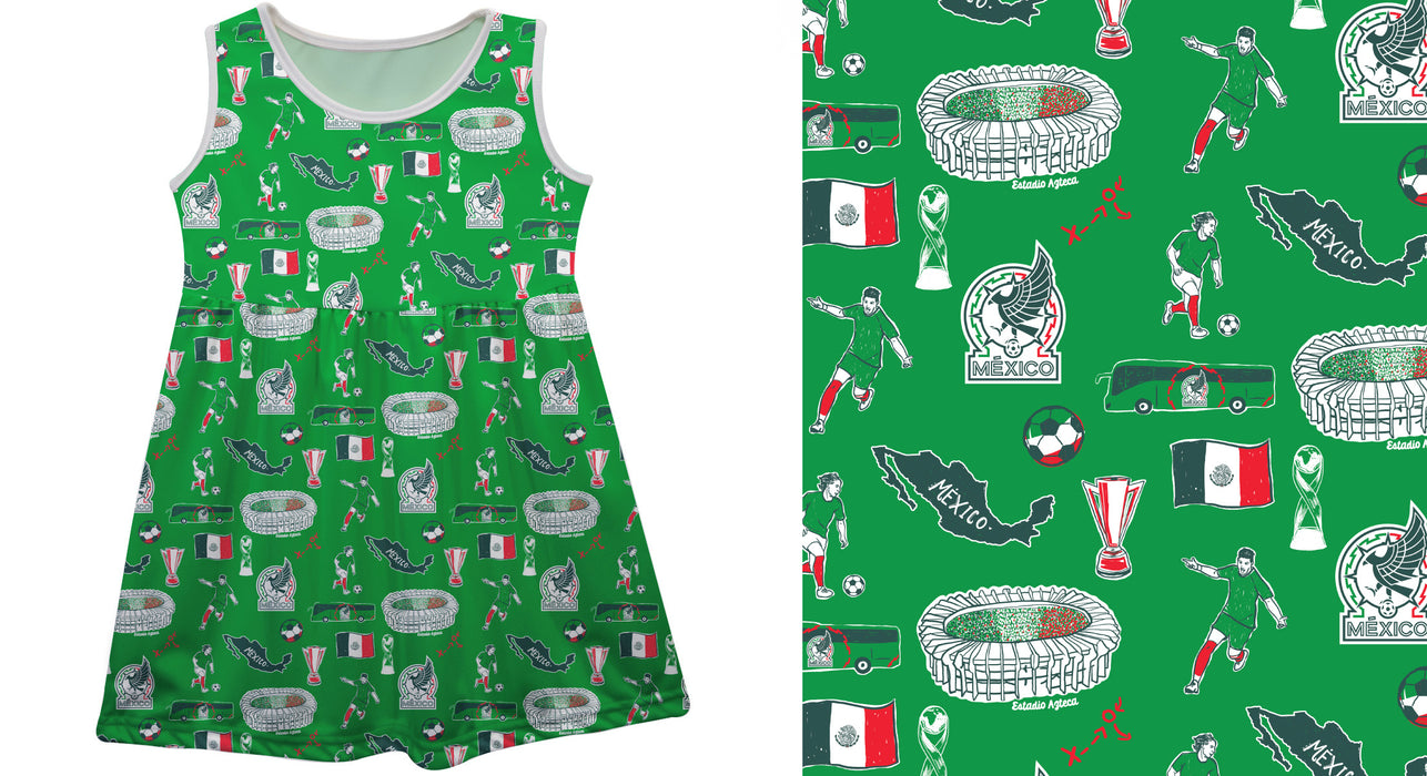 Mexico National Soccer TeamSleeveless Tank Dress Girls Green Repeat Print Hand Sketched Impressions