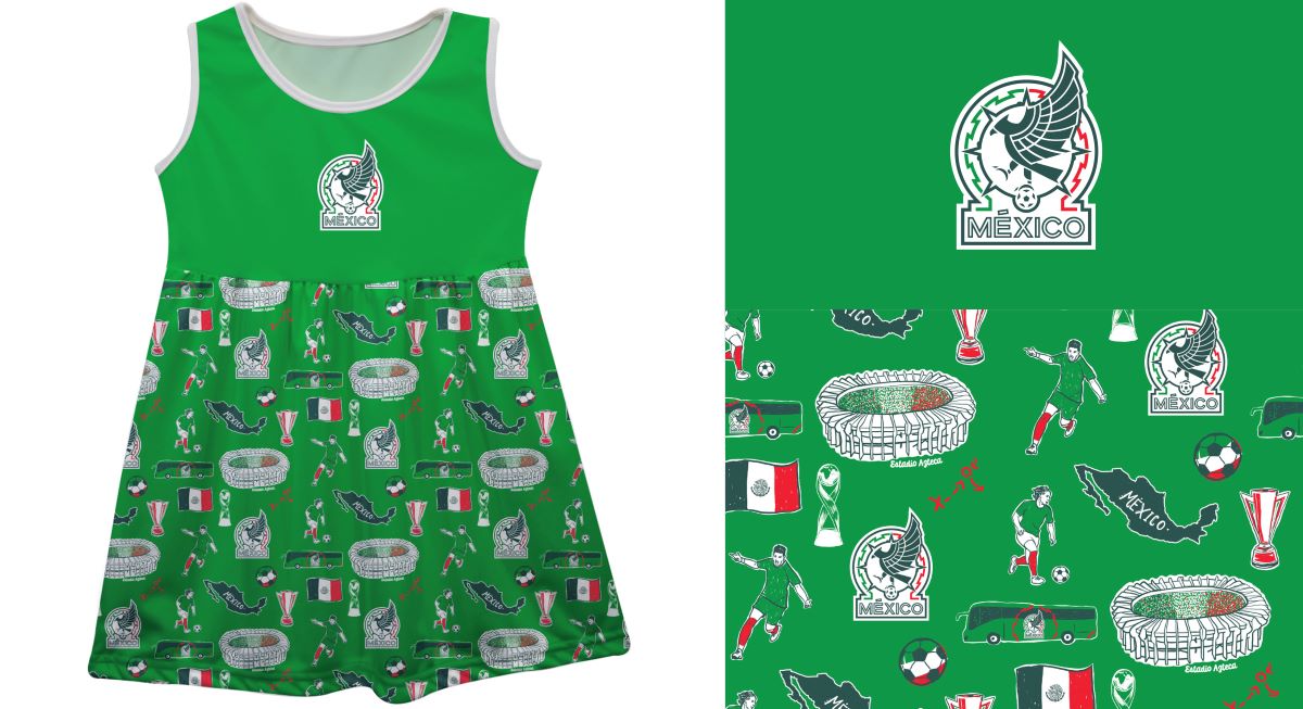 Mexico National Soccer Team Green Repeat Print Hand Sketched Impressions Girls Tank Dress