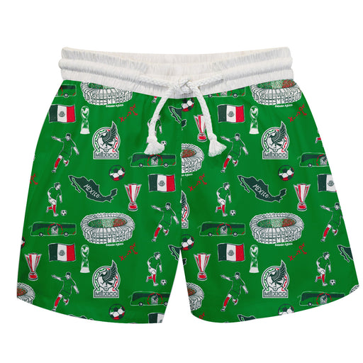 Mexico National Soccer Team Repeat Print Hand Sketched Impressions Artwork Boys Green Swimtrunks