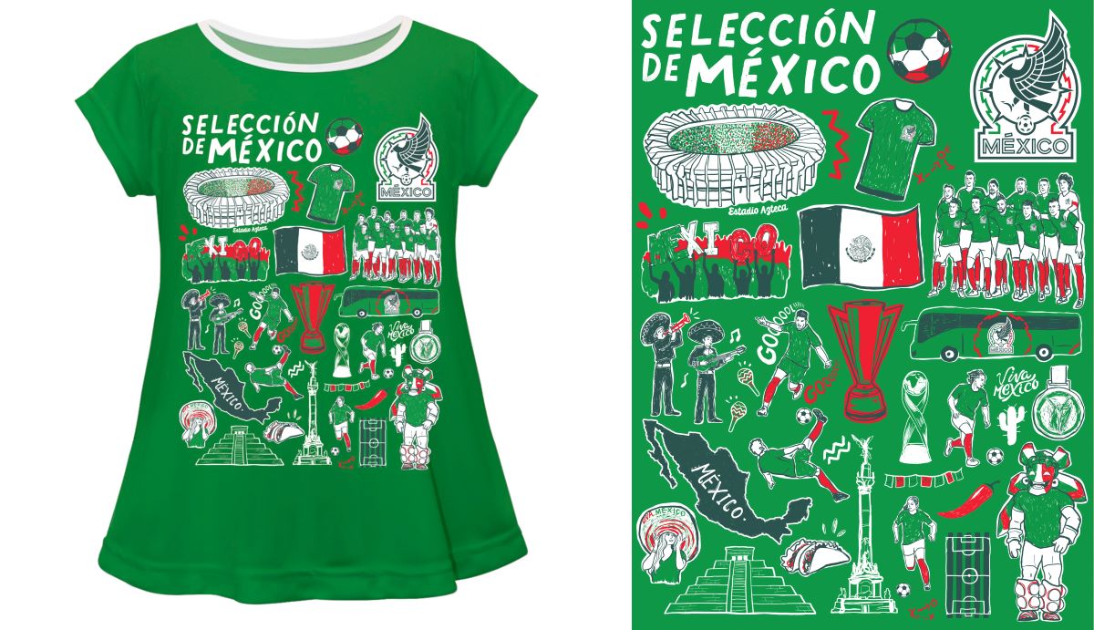 Mexico National Soccer Team Hand Sketched Impressions Artwork Green Short Sleeve Top V2