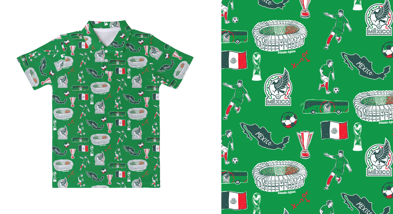 Mexico National Soccer Team Repeat Print Hand Sketched Impressions Artwork Boys Short Sleeve Polo Shirt