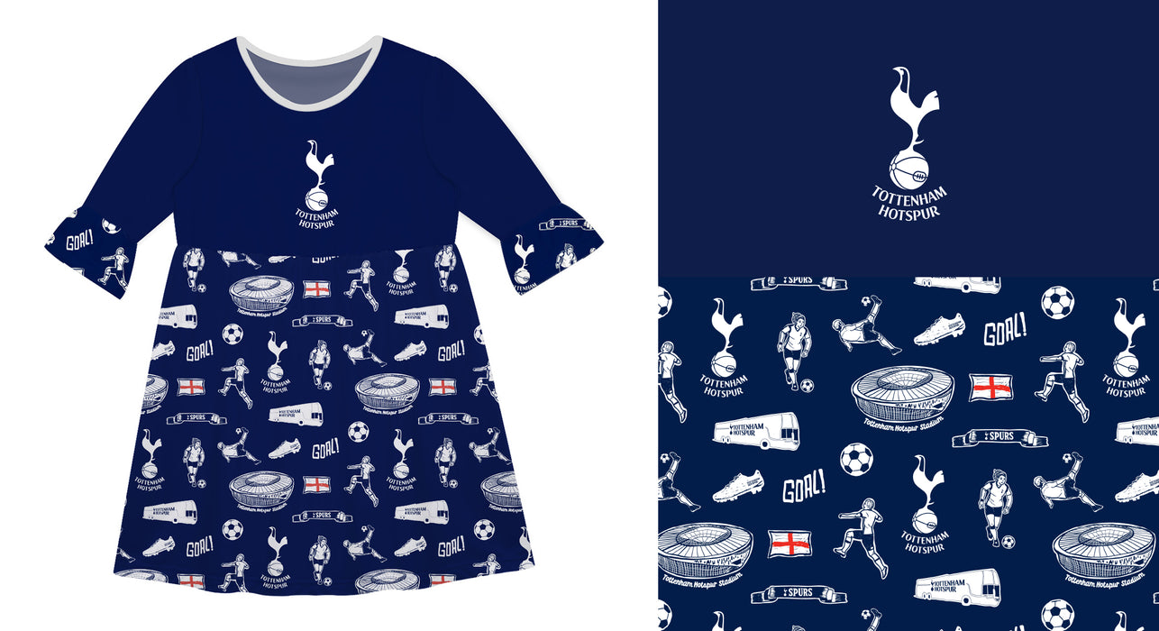 Tottenham Hotspur 3/4 Sleeve Solid Navy Repeat Print Hand Sketched Vive La Fete Impressions Artwork on Skirt