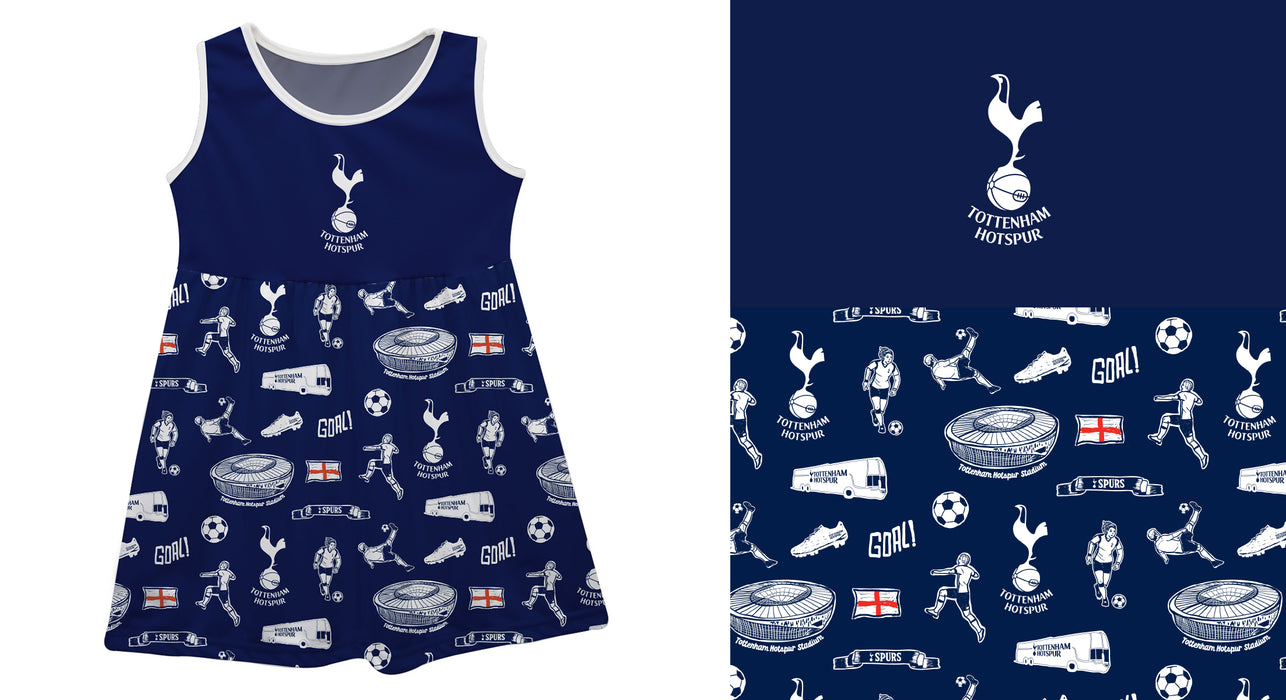 Tottenham Hotspur Sleeveless Tank Dress Girls Navy Logo & Repeat Print Hand Sketched Vive La Fete Impressions Artwork