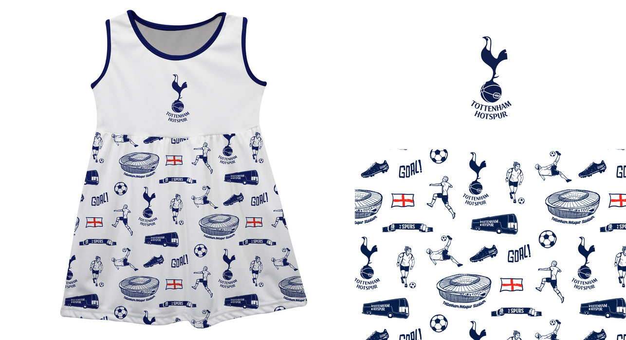 Tottenham Hotspur Sleeveless Tank Dress Girls White Logo & Repeat Print Hand Sketched Vive La Fete Impressions Artwork