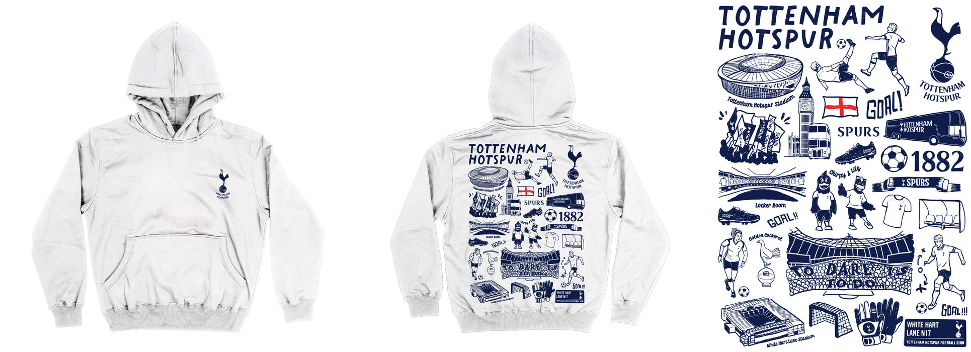 Tottenham Hand Sketched Impressions Artwork White Fleece Long Sleeve Hoodie