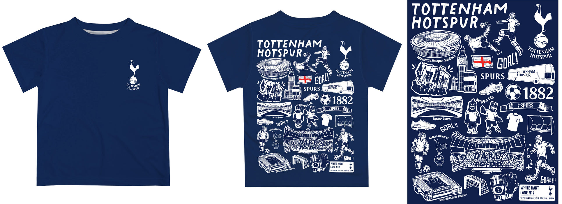 Tottenham Hotspur Hand Sketched Vive La Fete Impressions Artwork Boys Navy Short Sleeve Tee Shirt