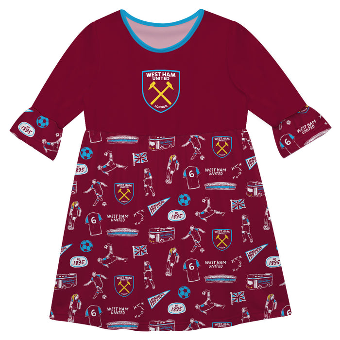 West Ham United Vive La Fete Girls Impressions Artwork Amy Dress With Stripes On Skirs - Maroon