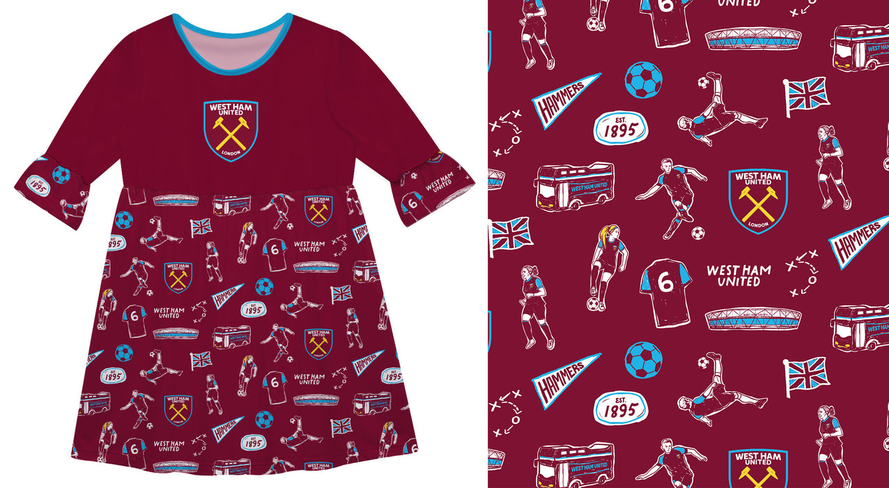 West Ham United Vive La Fete Girls Impressions Artwork Amy Dress With Stripes On Skirs - Maroon