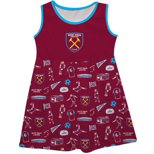 West Ham United Tank Dress Girls Maroon Logo and Repeat Print Hand Sketched Impressions Artwork