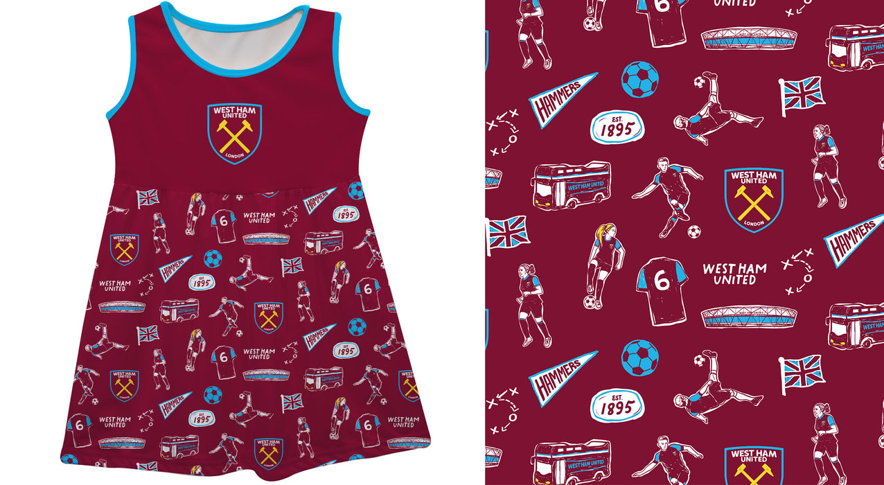 West Ham United Tank Dress Girls Maroon Logo and Repeat Print Hand Sketched Impressions Artwork