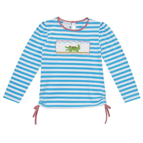 Alligator Smocked Stripe Girls Top Long Sleeve