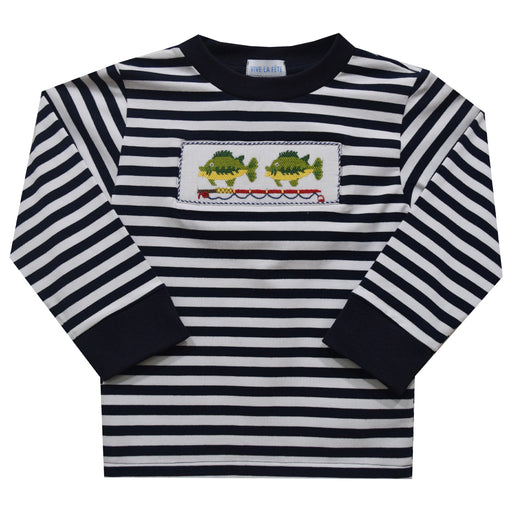 Bass Fishing Smocked Stripe Navy And White Knit Long Sleeve With Rib Cuff Boys Tee Shirt