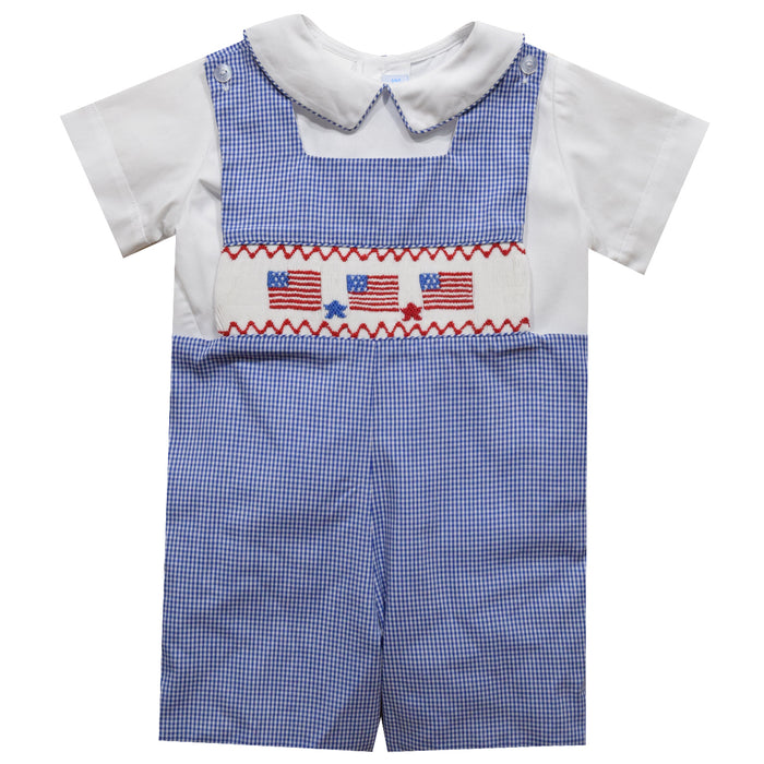 4Th Of July Smocked Royal Check Short Sleeve Boys Shortall and Shirt - Vive La Fête - Online Apparel Store