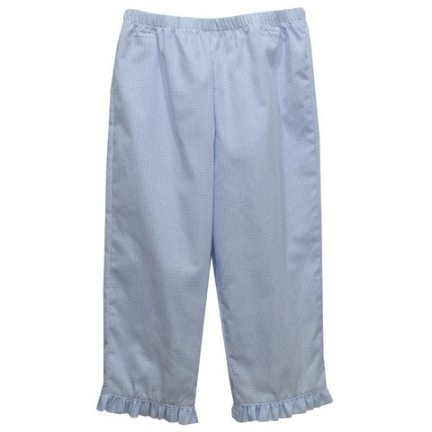 Light Blue Gingham Girls Ruffle Pant With Pocket