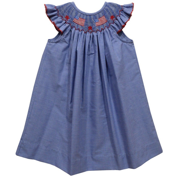 4Th Of July Smocked Royal Check Bishop Girls Angel Wing