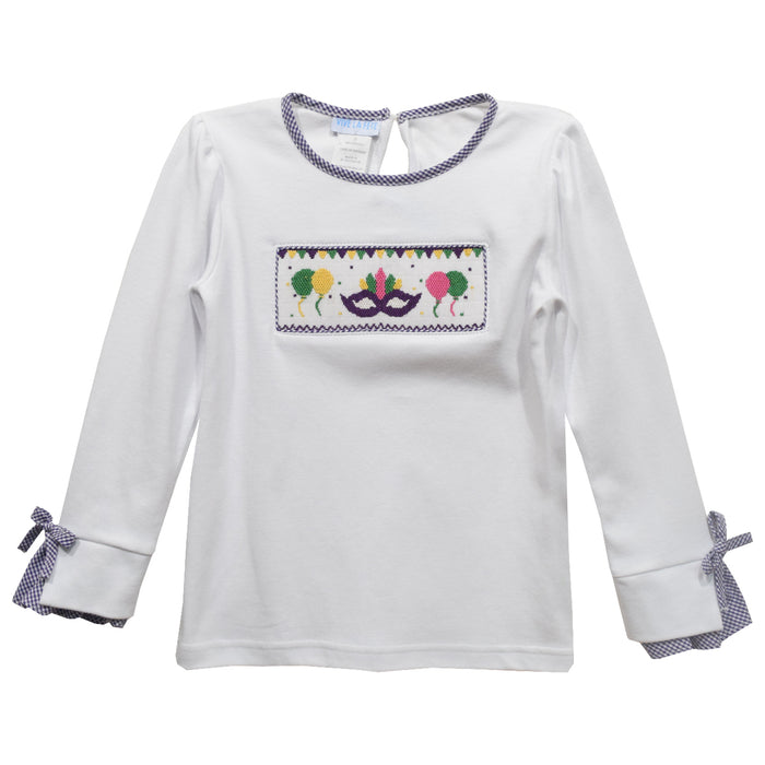 Mardi Gras Smocked White Knit Long Sleeve Girls Blouse With Rib Cuffs - Vive La Fête - Online Apparel Store