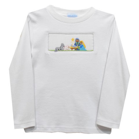 Nativity Smocked White Knit Long Sleeve Boys Tee Shirt