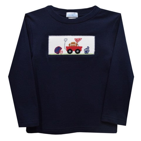 Football Smocked Navy Knit Long Sleeve Boys Tee Shirt