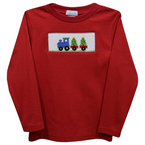 Christmas Train Smocked Red Knit Long Sleeve Boys Tee Shirt