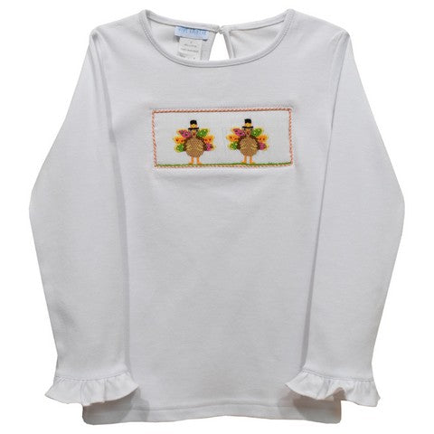 Turkeys Smocked White Knit Ruffle Long Sleeve Girls Tee Shirt