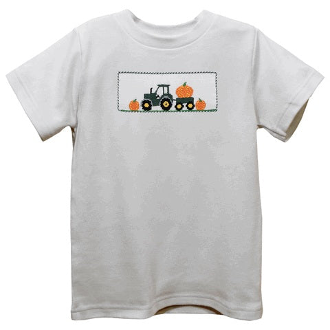 Tractor with Pumpkins Smocked White Knit Short Sleeve Boys Tee Shirt