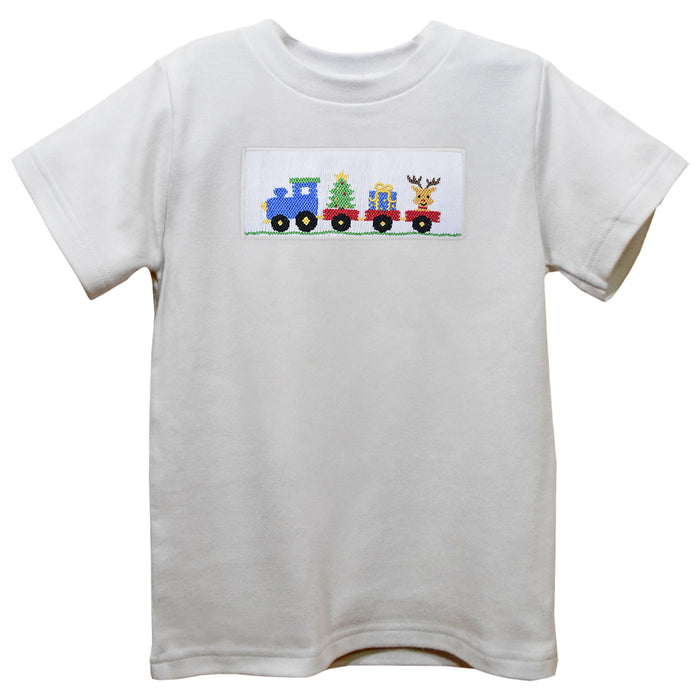 Christmas Tree and Reindeer White Knit Short Sleeve Boys Tee Shirt