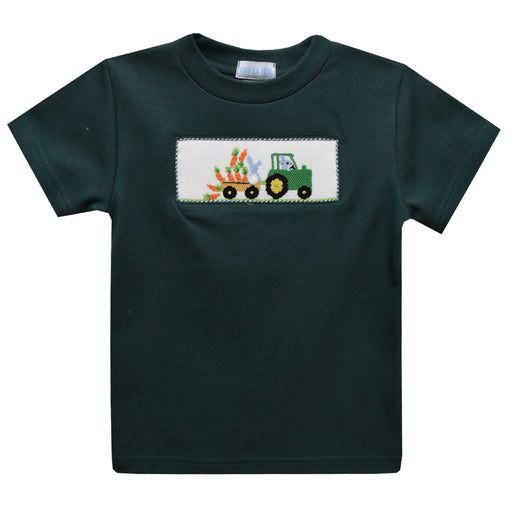 Rabbit And Tractor Smocked Hunter Green Knit Short Sleeve Boys Tee Shirt
