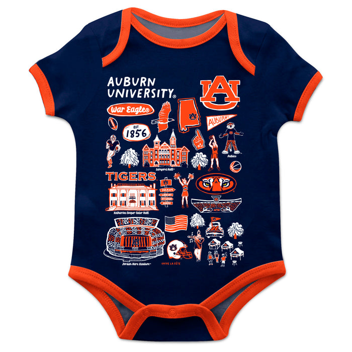 Auburn University Tigers Hand Sketched Vive La Fete Impressions Artwork Infant Navy Short Sleeve Onesie Bodysuit