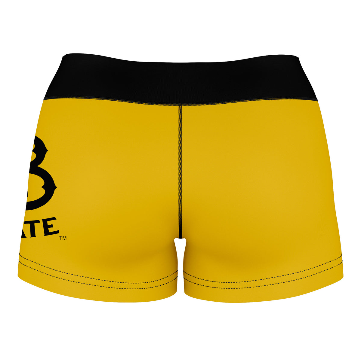 CSULB 49ers Vive La Fete Logo on Thigh & Waistband Gold Black Women Yoga Booty Workout Shorts 3.75 Inseam Xs