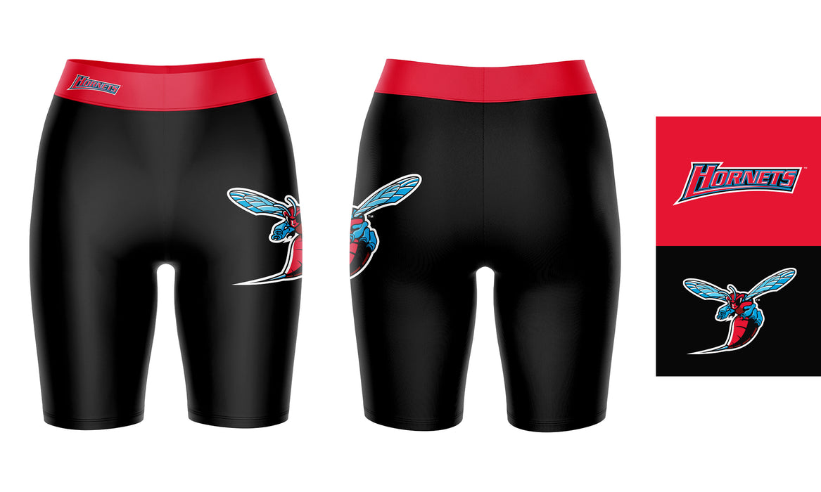 Delaware State Hornets Vive La Fete Game Day Logo on Thigh and Waistband Black and Red Women Bike Short 9 Inseam - Vive La Fête - Online Apparel Store