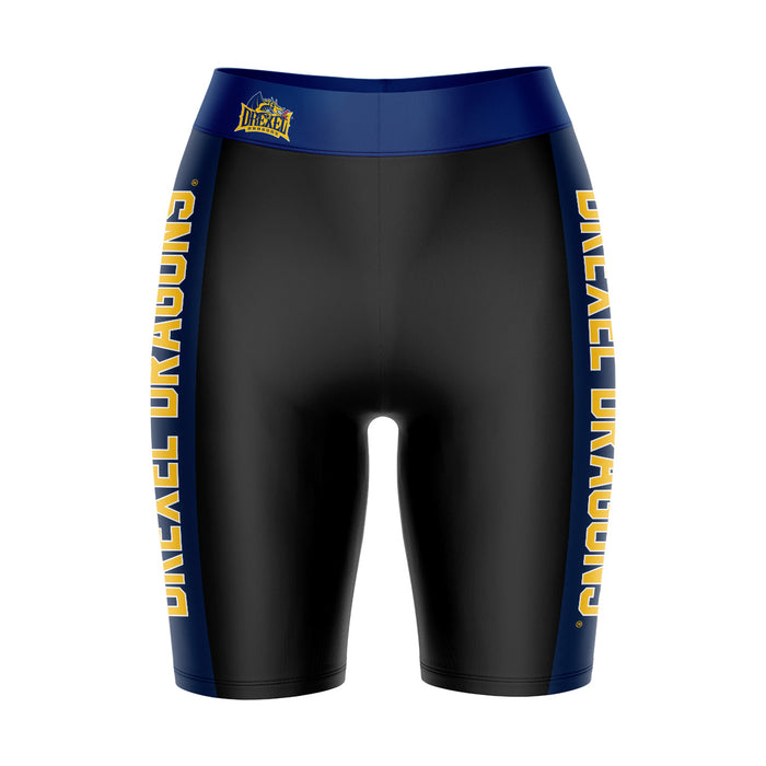 Drexel Dragon Vive La Fete Game Day Logo on Waistband and Blue Stripes Black Women Bike Short 9 Inseam