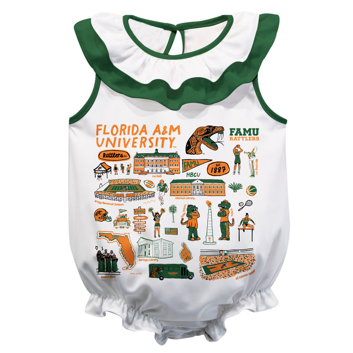 Florida A&M University Rattlers  White Hand Sketched Vive La Fete Impressions Artwork Sleeveless Ruffle Onesie Bodysuit