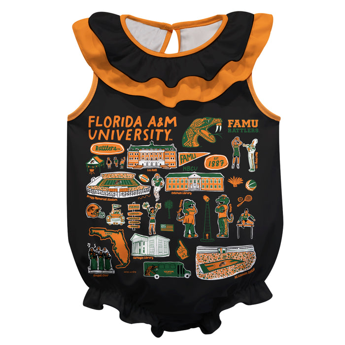 Florida A&M University Rattlers Black Hand Sketched Vive La Fete Impressions Artwork Sleeveless Ruffle Onesie Bodysuit