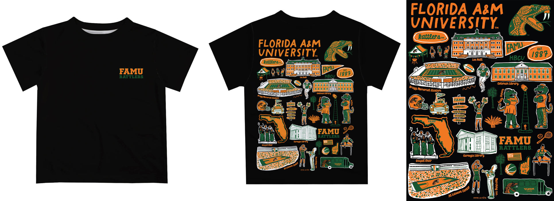 Florida A&M University Rattlers Hand Sketched Vive La Fete Impressions Artwork Boys Black Short Sleeve Tee Shirt - Vive La Fête - Online Apparel Store