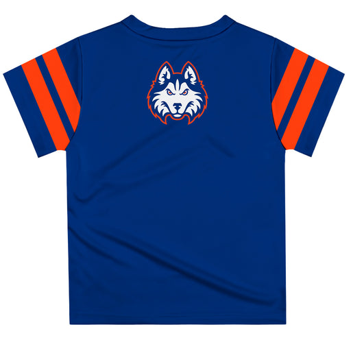 HCU Houston Christian Huskies Vive La Fete Boys Game Day Blue Short Sleeve Tee with Stripes on Sleeves - Vive La Fête - Online Apparel Store