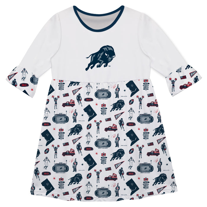 Howard University Bison 3/4 Sleeve Solid White Repeat Print Hand Sketched Vive La Fete Impressions Artwork on Skirt