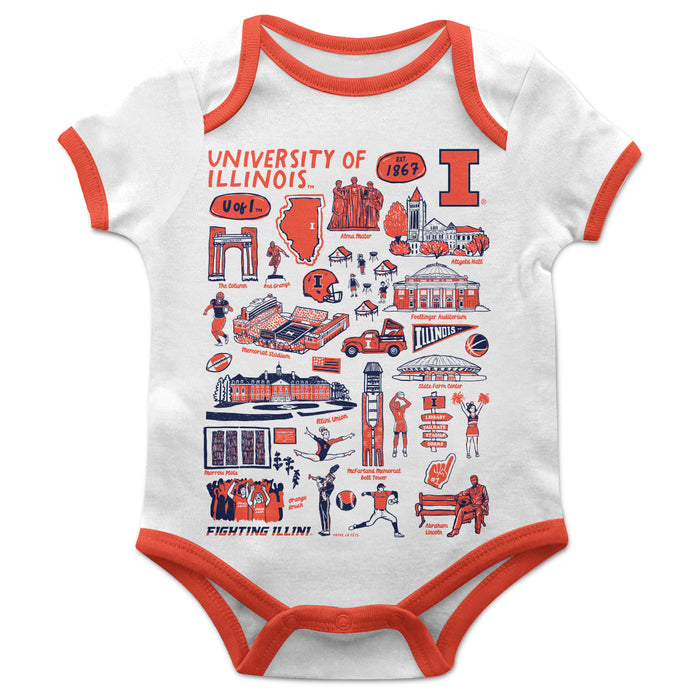 Illinois Fighting Illini Hand Sketched Vive La Fete Impressions Artwork Infant White Short Sleeve Onesie Bodysuit