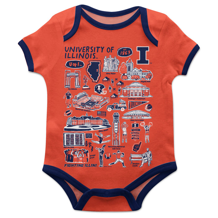 Illinois Fighting Illini Hand Sketched Vive La Fete Impressions Artwork Infant Orange Short Sleeve Onesie Bodysuit