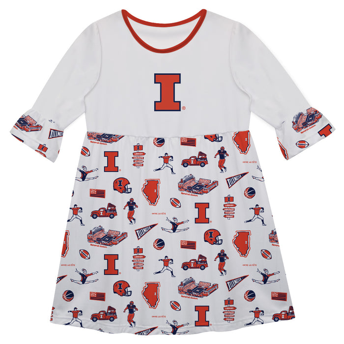 Illinois Fighting Illini 3/4 Sleeve Solid White Repeat Print Hand Sketched Vive La Fete Impressions Artwork on Skirt