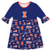 Illinois Fighting Illini 3/4 Sleeve Solid Blue Repeat Print Hand Sketched Vive La Fete Impressions Artwork on Skirt