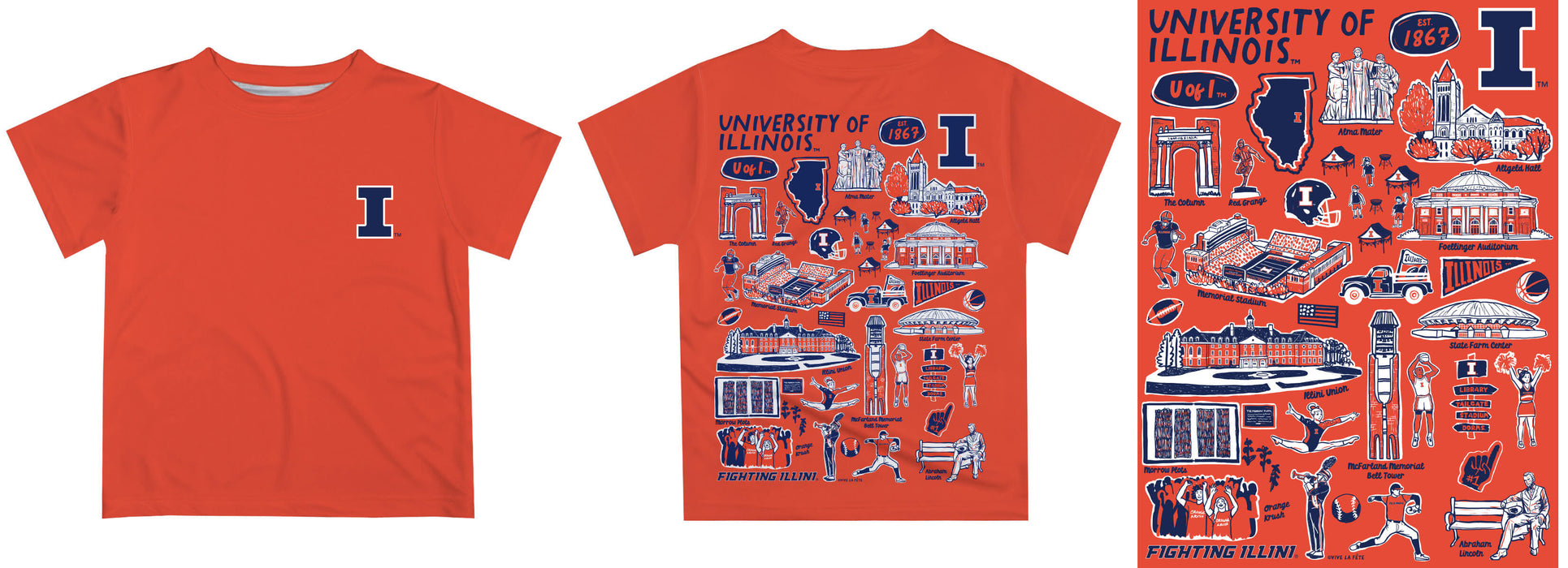 Illinois Fighting Illini Hand Sketched Vive La Fete Impressions Artwork Boys Navy Short Sleeve Tee Shirt - Vive La Fête - Online Apparel Store