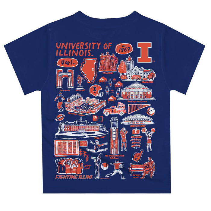 Illinois Fighting Illini Hand Sketched Vive La Fete Impressions Artwork Boys Navy Short Sleeve Tee Shirt - Vive La Fête - Online Apparel Store