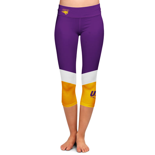 Northern Iowa Panthers Vive La Fete Game Day Collegiate Ankle Color Block Women Purple Gold Capri Leggings