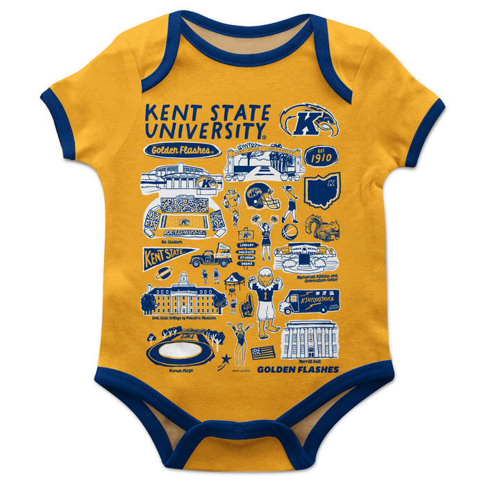 Kent State Golden Flashes Hand Sketched Vive La Fete Impressions Artwork Infant Gold Short Sleeve Onesie Bodysuit