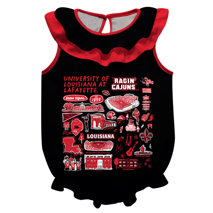 Louisiana at Lafayette Cajuns  Black Hand Sketched Vive La Fete Impressions Artwork Sleeveless Ruffle Onesie Bodysuit