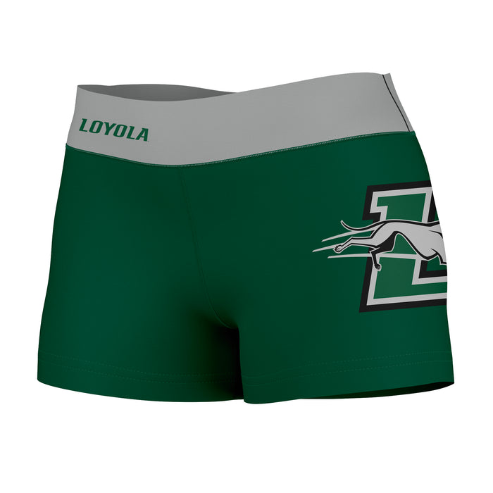 Loyola Maryland Greyhounds Vive La Fete Logo on Thigh & Waistband Green Gray Women Yoga Booty Workout Shorts 3.75 Inseam