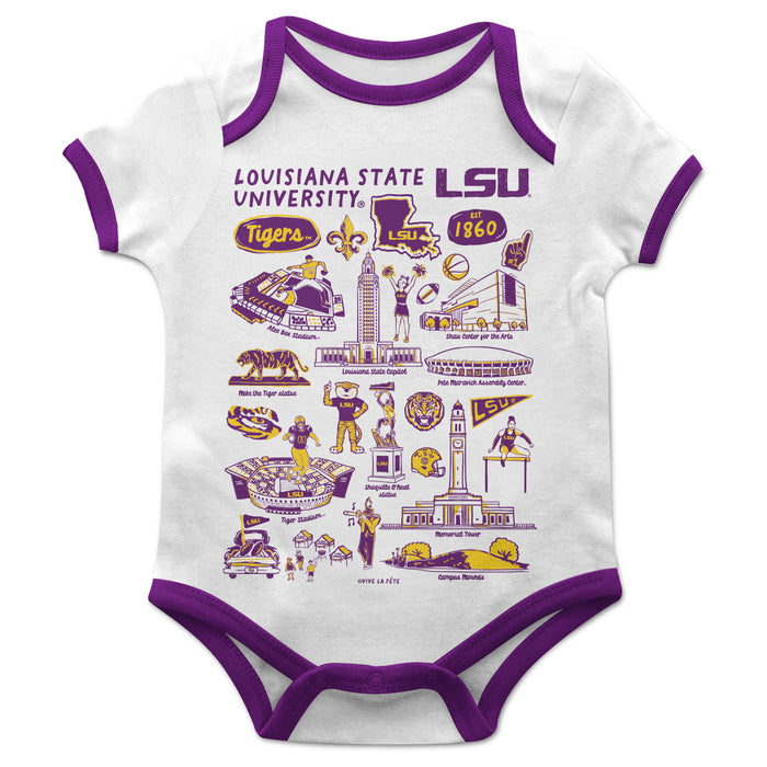 LSU Tigers Hand Sketched Vive La Fete Impressions Artwork Infant White Short Sleeve Onesie Bodysuit